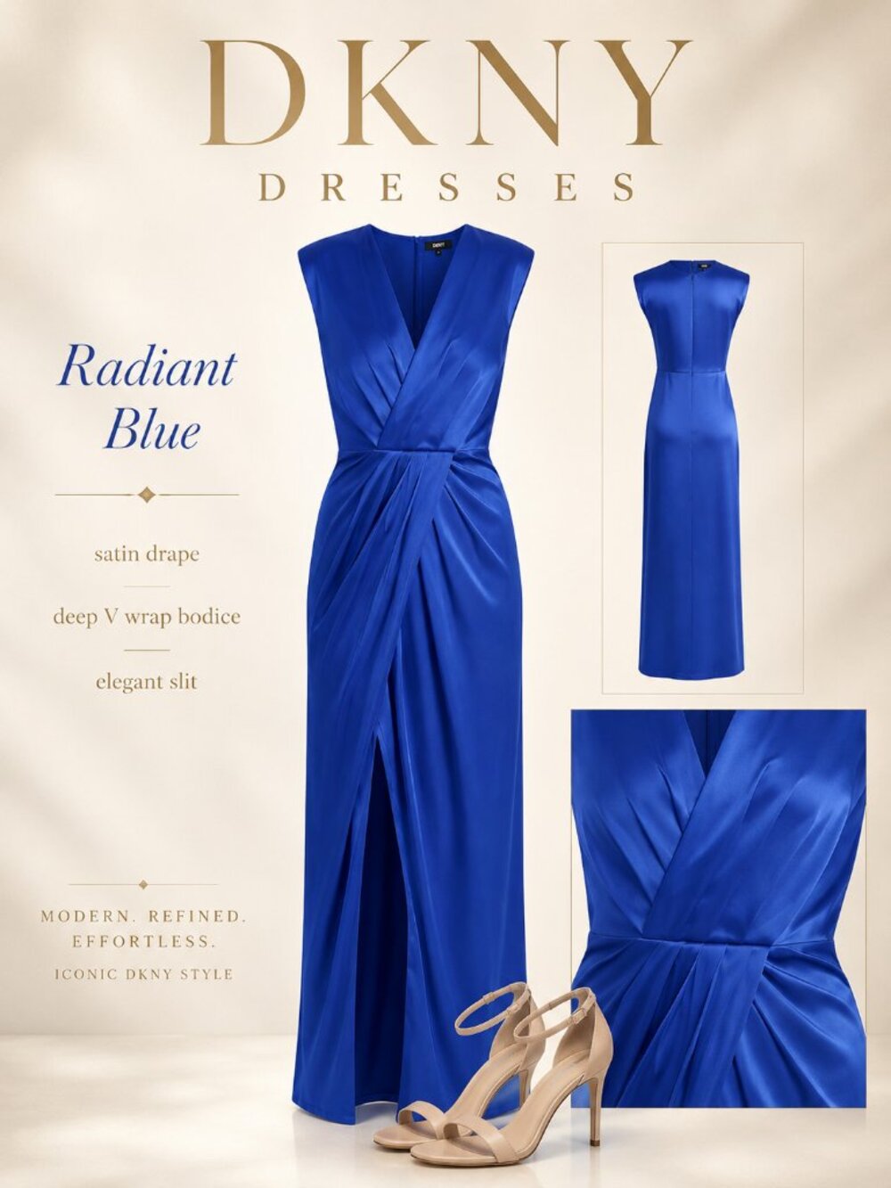 DKNY Radiant Blue Crisscross Pleated Side Slit Sleeveless Gown 6 NWT